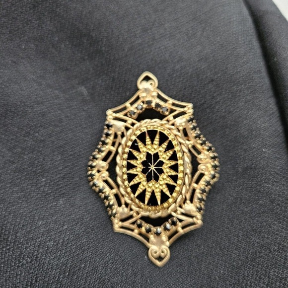 Vintage Victorian Revival Gold Tone and Black Rhinestone Brooch - Picture 1 of 4